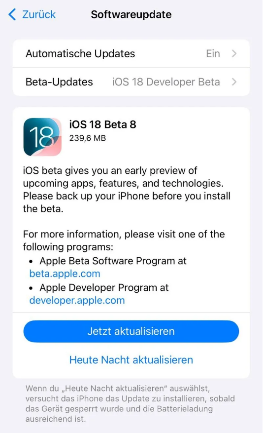 通海苹果手机维修分享苹果 iOS / iPadOS 18 开发者预览版 Beta 8 发布 